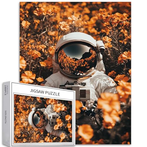 Puzzle mit Astronaut im Blumenmeer, 1000 Teile für Erwachsene, Weltraumthema, Kunst-Puzzle, herausfordernde Familienaktivitäten, buntes Bastelpuzzle für Heimdekoration, Geschenke, 50 × 70 cm von Generic