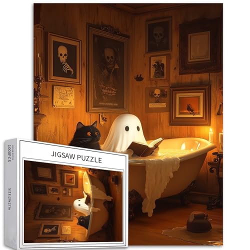 Puzzle mit Geist und schwarzer Katze, 1000 Teile für Erwachsene, lustige Halloween-Atmosphäre, Szene, Kunst-Puzzle, herausfordernde Familienaktivitäten, buntes Bastelpuzzle für Heimdekoration, von Generic