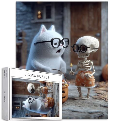 Puzzle mit Geisterkatze und Totenkopf, Junge, 1000 Teile für Erwachsene, Halloween-Kunstpuzzle, bunt, DIY-Puzzles für Heimdekoration, Geschenke, Familienpuzzle, perfekt für Spieleabende, 50 x 70 cm von Generic