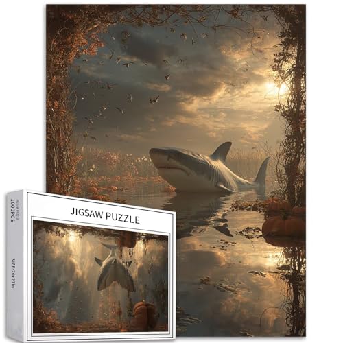 Puzzle mit Hai im See, 1000 Teile für Erwachsene, Kürbisfeld-Szene, Kunst-Puzzle, bunt, DIY-Puzzle, Heimdekoration, Geschenke, Familienpuzzle, perfekt für Spieleabende, 50 x 70 cm von Generic