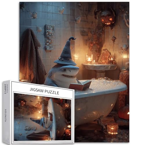 Puzzle mit Hai in der Badewanne, 1000 Teile für Erwachsene, Hai mit Zaubererhut, Kunst-Puzzle, bunt, DIY-Puzzles für Heimdekoration, Geschenke, Familienpuzzle, perfekt für Spielabende, 50 x 70 cm von Generic