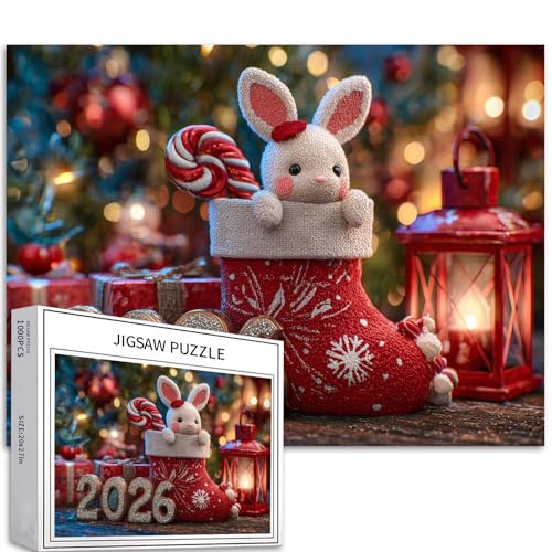 Puzzle mit Hasen-Motiv 2026, Neujahrs-Illustration, 1000-teiliges Puzzle für Erwachsene, Weihnachtsatmosphäre, Kunst-Puzzle, herausfordernde Familienaktivität-Spiele, buntes DIY-Bastelpuzzle für von Generic