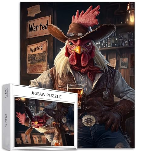 Puzzle mit Huhn-Cowboy-Motiv, 1000 Teile, für Erwachsene, Fantasie-Taverne-Kunst-Puzzle, bunt, DIY-Puzzle, für Heimdekoration, Geschenke, Familienpuzzle, perfekt für Spieleabende, 50 x 70 cm von Generic