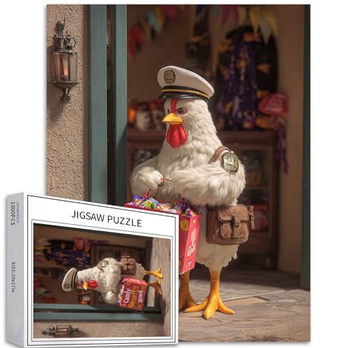 Puzzle mit Huhn als Wachmann, 1000 Teile für Erwachsene, lustiges Halloween-Kunst-Puzzle, bunte DIY-Puzzles für Heimdekoration, Geschenke, Familienpuzzle, perfekt für Spieleabende, 50 x 70 cm von Generic