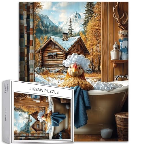 Puzzle mit Huhn in der Badewanne, 1000 Teile für Erwachsene, Holzhütten-Szene, Kunst-Puzzle, anspruchsvolle Familienaktivitäten, buntes Bastelpuzzle für Heimdekoration, Geschenke, 50 x 70 cm Puzzle mit Huhn in der Badewanne, 1000 Teile für Erwachsene, Holzhütten-Szene, Kunst-Puzzle, anspruchsvolle Familienaktivitäten, buntes Bastelpuzzle für Heimdekoration, Geschenke, 50 x 70 cm von Generic