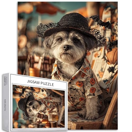 Puzzle mit Hund in einem Süßigkeitenhemd, 1000 Teile für Erwachsene, Geist, Strohhut, Art-Deco-Puzzle, bunt, DIY-Puzzle, für Heimdekoration, Geschenke, Familienpuzzle, perfekt für Spielabende, 50 x 70 von Generic