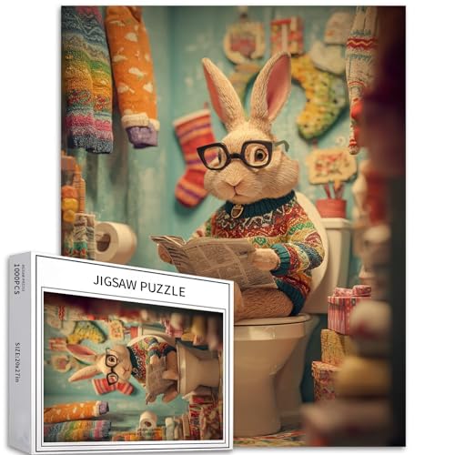 Puzzle mit Kaninchentoilette zum Lesen von Zeitungen, 1000 Teile für Erwachsene, Kunst-Puzzle, herausfordernde Familienaktivitäten, buntes Bastelpuzzle für Heimdekoration, Geschenke, 50,8 x 68,6 cm von Generic