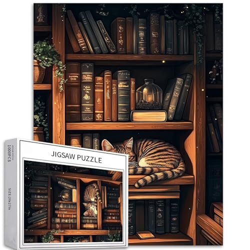 Puzzle mit Katze, die auf Bücherregal schläft, 1000 Teile für Erwachsene, klassischer Bibliotheksstil, Kunstpuzzle, herausfordernde Familienaktivitäten, buntes Bastelpuzzle für Heimdekoration, Puzzle mit Katze, die auf Bücherregal schläft, 1000 Teile für Erwachsene, klassischer Bibliotheksstil, Kunstpuzzle, herausfordernde Familienaktivitäten, buntes Bastelpuzzle für Heimdekoration, von Generic