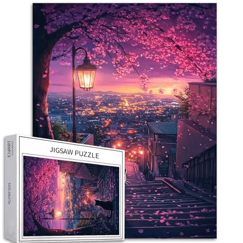 Puzzle mit Katze unter dem Kirschbaum, 1000 Teile für Erwachsene, romantische Stadtlandschaft, Kunst-Puzzle, herausfordernde Familienaktivitäten, buntes Bastelpuzzle für Heimdekoration, Geschenke, 50 von Generic