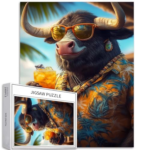 Puzzle mit Kuh im Blumenhemd, 1000 Teile für Erwachsene, tropischer Hintergrund, Kunst-Puzzle, herausfordernde Familienaktivitäten, buntes Bastelpuzzle für Heimdekoration, Geschenke, 50 x 70 cm von Generic