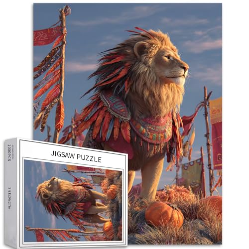Puzzle mit Löwe im Federumhang, 1000 Teile für Erwachsene, Kürbis-Umrandung, Kunst-Puzzle, buntes DIY-Puzzle, für Heimdekoration, Geschenke, Familienpuzzle, perfekt für Spieleabende, 50 x 70 cm Puzzle mit Löwe im Federumhang, 1000 Teile für Erwachsene, Kürbis-Umrandung, Kunst-Puzzle, buntes DIY-Puzzle, für Heimdekoration, Geschenke, Familienpuzzle, perfekt für Spieleabende, 50 x 70 cm von Generic