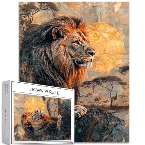 Puzzle mit Löwe und Sonnenuntergang im Grasland, 1000 Teile für Erwachsene, Marmor-Stil, Kunst-Puzzle, bunte DIY-Puzzles für Heimdekoration, Geschenke, Familienpuzzle, perfekt für Spieleabende, 50 x von Generic
