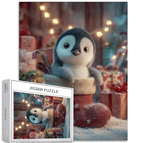 Puzzle mit Pinguin im Weihnachtsstrumpf, 1000 Teile für Erwachsene, Kamin, Hintergrund, Kunst, Puzzle, bunt, DIY-Puzzle, für Heimdekoration, Geschenke, Familienpuzzle, perfekt für Spieleabende, 50 x von Generic