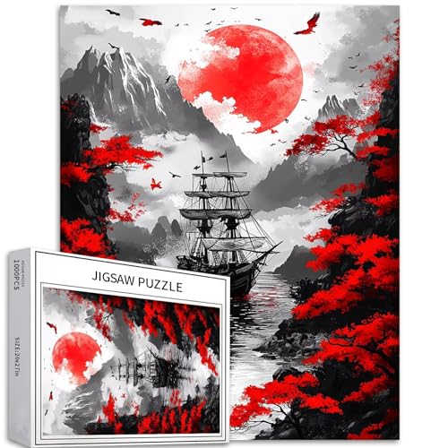 Puzzle mit Piratenschiff bei Sonnenuntergang, 1000 Teile für Erwachsene, Purpurbaum, Kunst-Puzzle, herausfordernde Familienaktivitäten, buntes Bastelpuzzle für Heimdekoration, Geschenke, 50 x 70 cm Puzzle mit Piratenschiff bei Sonnenuntergang, 1000 Teile für Erwachsene, Purpurbaum, Kunst-Puzzle, herausfordernde Familienaktivitäten, buntes Bastelpuzzle für Heimdekoration, Geschenke, 50 x 70 cm von Generic
