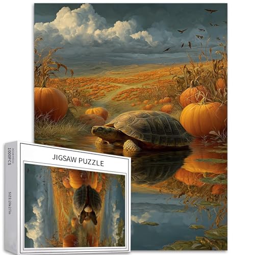 Puzzle mit Schildkröte auf dem See, 1000 Teile für Erwachsene, Halloween-Kürbisfeld-Kunst-Puzzle, bunt, DIY-Puzzle, Heimdekoration, Geschenke, Familienpuzzle, perfekt für Spieleabende, 50 x 70 cm von Generic