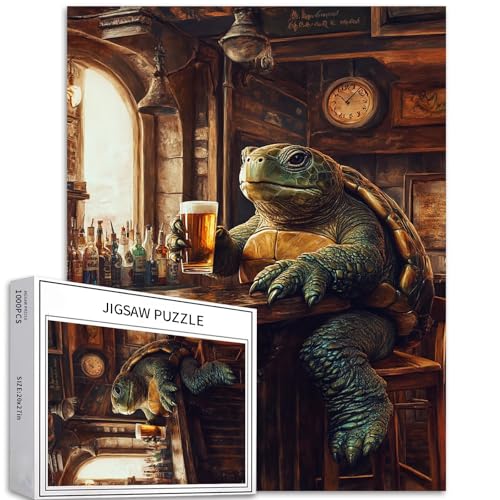 Puzzle mit Schildkröte trinkt in einer Bar, 1000 Teile für Erwachsene, Ölgemälde-Stil, Kunst-Puzzle, bunt, DIY-Puzzles für Heimdekoration, Geschenke, Familienpuzzle, perfekt für Spieleabende, 50 x 70 von Generic