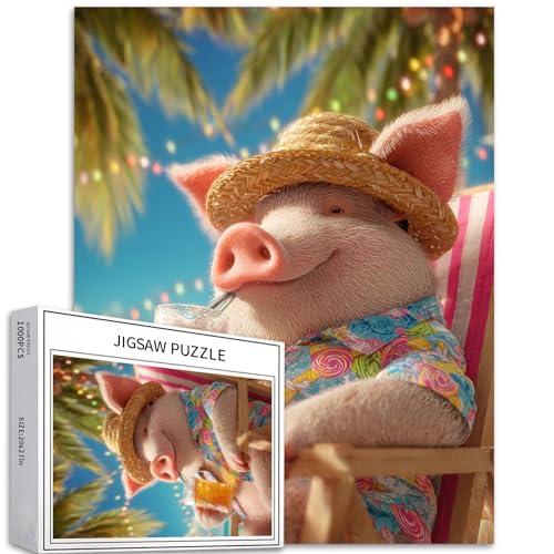Puzzle mit Schwein mit Fledermausband, 1000-teiliges Puzzle für Erwachsene, Halloween, Bierkunst-Puzzle, herausfordernde Familienaktivitäten, buntes Bastelpuzzle für Heimdekoration, Geschenke, 50,8 x von Generic