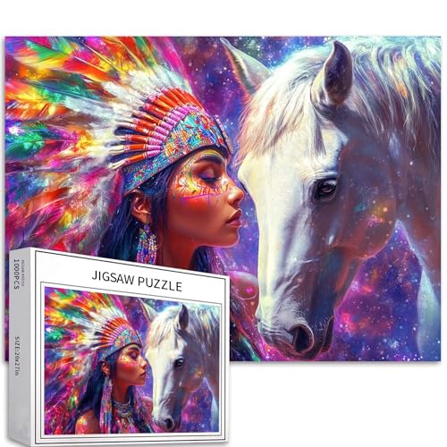 Puzzle mit Stammesmädchen mit weißem Pferd, 1000 Teile für Erwachsene, digitaler Kunststil, herausfordernde Familienaktivitäten, buntes Bastelpuzzle für Heimdekoration, Geschenke, 68 x 50 cm von Generic