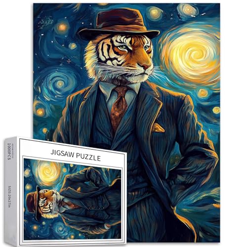 Puzzle mit Tiger in Anzug und Hut, 1000 Teile für Erwachsene, Sternenhimmel, Hintergrund, Kunst-Puzzle, anspruchsvolle Familienaktivitäten, buntes Bastelpuzzle für Heimdekoration, Geschenke, 50,8 x Puzzle mit Tiger in Anzug und Hut, 1000 Teile für Erwachsene, Sternenhimmel, Hintergrund, Kunst-Puzzle, anspruchsvolle Familienaktivitäten, buntes Bastelpuzzle für Heimdekoration, Geschenke, 50,8 x von Generic