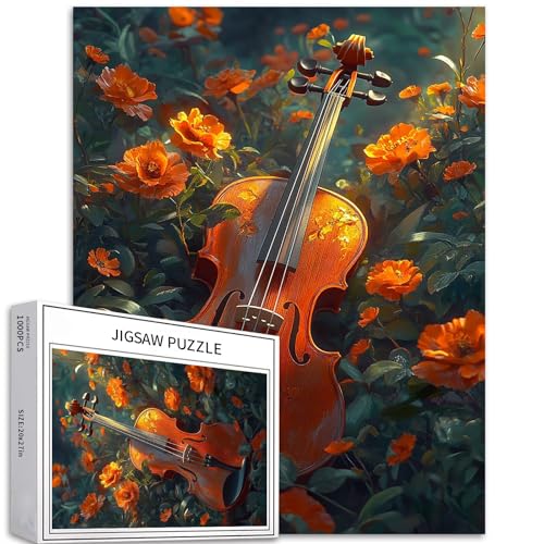 Puzzle mit Violine in den Blumen, 1000 Teile für Erwachsene, Fantasy-Wald-Hintergrund, Kunst-Puzzle, bunt, DIY-Puzzles für Heimdekoration, Geschenke, Familienpuzzle, perfekt für Spieleabende, 50 x 70 von Generic