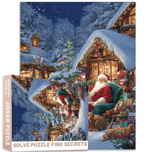 Puzzle mit Weihnachtsmann im Stuhl, Tiere mit schneebedecktem Dach, 1000 Teile, Erwachsenen-Puzzle, 68,6 x 50,8 cm, bunt, DIY-Puzzle, Heimdekoration, Geschenke, Familienpuzzle, perfekt für von Generic