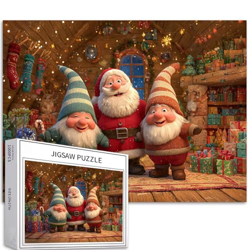 Puzzle mit Weihnachtsmann und den Zwergen, 1000 Teile für Erwachsene, Weihnachtsatmosphäre, Kunst-Puzzle, buntes DIY-Puzzle, für Heimdekoration, Geschenke, Familienpuzzle, perfekt für Spieleabende, 70 von Generic