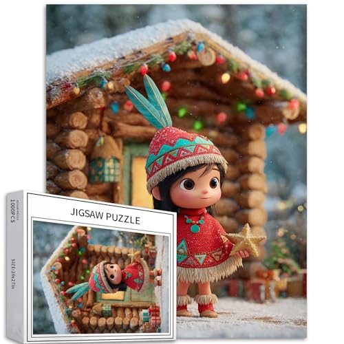 Puzzle mit Weihnachtsumhang für kleine Mädchen, 1000 Teile, für Erwachsene, Weihnachten, Holzhaus, Kunst-Puzzle, anspruchsvolle Familienaktivitäten, buntes Bastelpuzzle für Heimdekoration, Geschenke von Generic