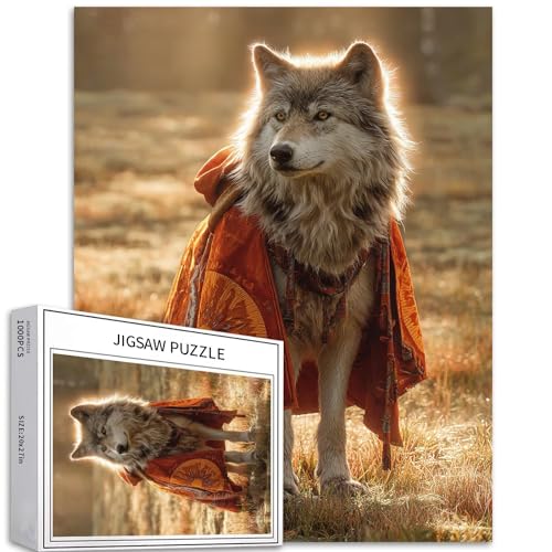 Puzzle mit Wolf mit Totemumhang, 1000 Teile für Erwachsene, Fantasy-Grasland-Kunst-Puzzle, herausfordernde Familienaktivitäten, buntes Bastelpuzzle für Heimdekoration, Geschenke, 50,8 x 68,6 cm von Generic