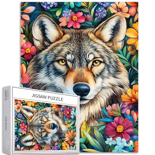 Puzzle mit Wolf und Blumen, 1000 Teile, 50 x 70 cm, Farbkunst, anspruchsvolle Familienaktivitäten, bunt, Bastelpuzzle für Heimdekoration, Geschenke Puzzle mit Wolf und Blumen, 1000 Teile, 50 x 70 cm, Farbkunst, anspruchsvolle Familienaktivitäten, bunt, Bastelpuzzle für Heimdekoration, Geschenke von Generic