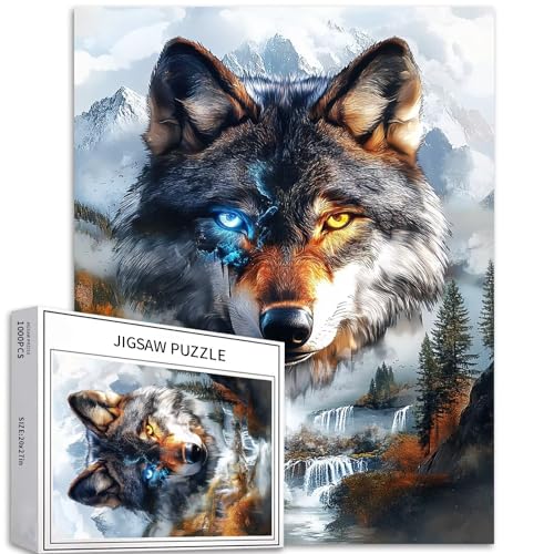 Puzzle mit Wolfsgesicht vorne, 1000 Teile für Erwachsene, Bergwald, Hintergrund, Kunst, Puzzle, bunt, DIY-Puzzle, Heimdekoration, Geschenke, Familienpuzzle, perfekt für Spielabende, 50 x 70 cm von Generic