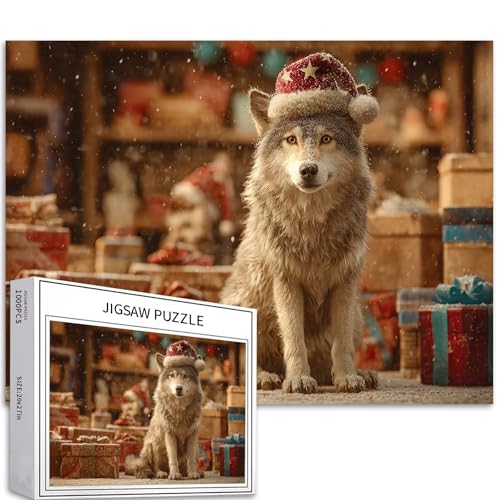 Puzzle mit Wolfsmütze, 1000-teiliges Puzzle für Erwachsene, Weihnachtsstil, Kunst-Puzzle, anspruchsvolle Familienaktivitäten, buntes DIY-Bastelpuzzle für Heimdekoration, Geschenke, 68 x 50 cm Puzzle mit Wolfsmütze, 1000-teiliges Puzzle für Erwachsene, Weihnachtsstil, Kunst-Puzzle, anspruchsvolle Familienaktivitäten, buntes DIY-Bastelpuzzle für Heimdekoration, Geschenke, 68 x 50 cm von Generic