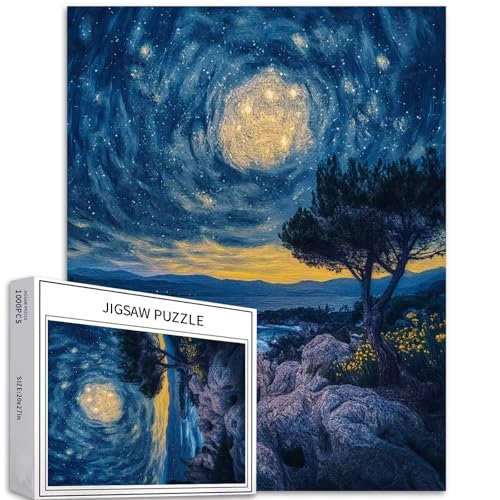 Puzzle mit Zypressenbäumen unter der Sternennacht, 1000-teiliges Puzzle für Erwachsene, Van Gogh-Stil, buntes DIY-Puzzle, für Heimdekoration, Geschenke, Familienpuzzle, perfekt für Spieleabende, 50 x von Generic