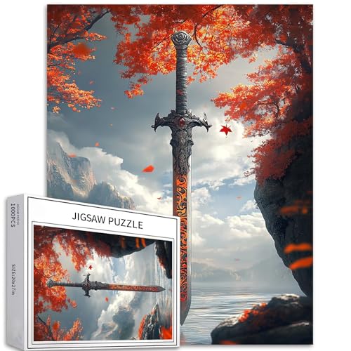 Puzzle mit antikem Schwert im roten Blattwald, 1000 Teile für Erwachsene, Fantasie-Stil, Kunst-Puzzle, herausfordernde Familienaktivitäten, buntes Bastelpuzzle für Heimdekoration, Geschenke, 50 x 70 Puzzle mit antikem Schwert im roten Blattwald, 1000 Teile für Erwachsene, Fantasie-Stil, Kunst-Puzzle, herausfordernde Familienaktivitäten, buntes Bastelpuzzle für Heimdekoration, Geschenke, 50 x 70 von Generic