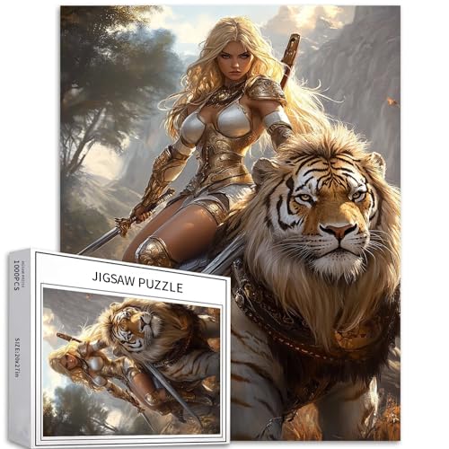 Puzzle mit blondem Kriegermädchen, 1000 Teile, für Erwachsene, Riesentiger Tiger und Löwe, Reitkunst-Puzzle, bunt, DIY-Puzzles für Heimdekoration, Geschenke, Familienpuzzle, perfekt für Spielabende Puzzle mit blondem Kriegermädchen, 1000 Teile, für Erwachsene, Riesentiger Tiger und Löwe, Reitkunst-Puzzle, bunt, DIY-Puzzles für Heimdekoration, Geschenke, Familienpuzzle, perfekt für Spielabende von Generic