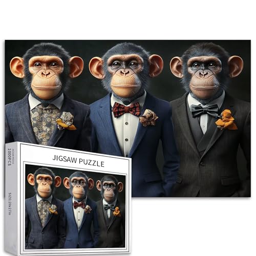 Puzzle mit drei Affen in Anzügen, 1000 Teile für Erwachsene, 68,6 x 50,8 cm, elegantes Affen-Kunst-Puzzle, herausfordernde Familienaktivität-Spiele, buntes DIY-Bastelpuzzle für Heimdekoration, von Generic