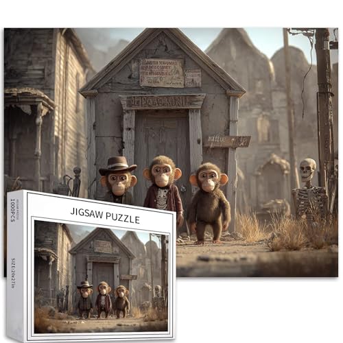 Puzzle mit drei Affen in einer Geisterstadt, 1000 Teile für Erwachsene, Halloween, Friedhof, Kunst, Puzzle, bunte DIY-Puzzles für Heimdekoration, Geschenke, Familienpuzzle, perfekt für Spieleabende von Generic