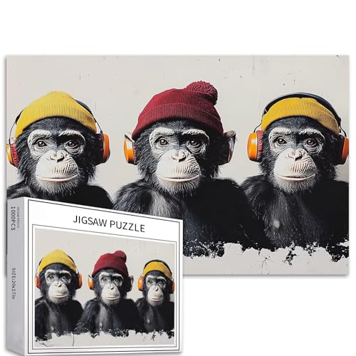 Puzzle mit drei Affen mit Kopfhörern, 1000 Teile, für Erwachsene, Schwarz-Weiß-Stil, Kunst-Puzzle, anspruchsvolle Familienaktivitäten, buntes Bastelpuzzle für Heimdekoration, Geschenke, 68 x 50 cm Puzzle mit drei Affen mit Kopfhörern, 1000 Teile, für Erwachsene, Schwarz-Weiß-Stil, Kunst-Puzzle, anspruchsvolle Familienaktivitäten, buntes Bastelpuzzle für Heimdekoration, Geschenke, 68 x 50 cm von Generic