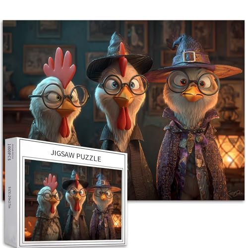 Puzzle mit drei Detektiv-Hühnern, 1000 Teile, für Erwachsene, Halloween, Mystery-Szene, Kunst-Puzzle, herausfordernde Familienaktivitäten, buntes Bastelpuzzle für Heimdekoration, Geschenke, 70 x 50 cm von Generic