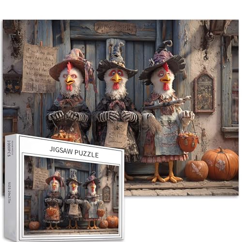 Puzzle mit drei Hühnern im Halloween-Stil, 1000-teiliges Puzzle für Erwachsene, Süßes oder Saures, Kunst-Puzzle, herausfordernde Familienaktivitäten, buntes Bastelpuzzle für Heimdekoration, Geschenke von Generic