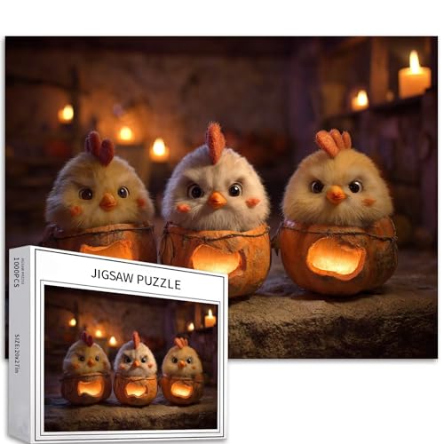 Puzzle mit drei Jack-O'-Lantern Hühnern, 1000 Teile für Erwachsene, Halloween, humorvolle Szene, Kunst-Puzzle, herausfordernde Familienaktivitäten, buntes Bastelpuzzle für Heimdekoration, Geschenke von Generic