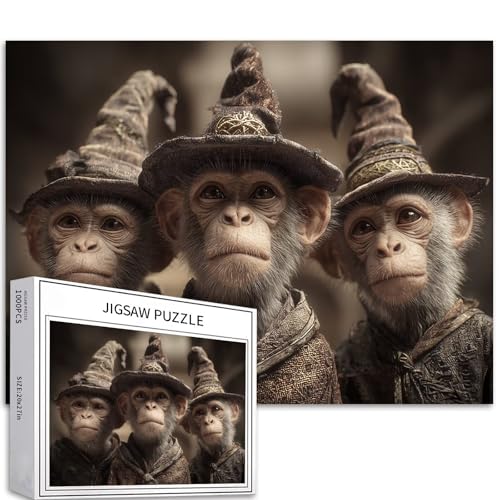 Puzzle mit drei Zaubereraffen, 1000 Teile für Erwachsene, Halloween, magische Szene, Kunst-Puzzle, herausfordernde Familienaktivitäten, buntes Bastelpuzzle für Heimdekoration, Geschenke, 68 x 50 cm von Generic