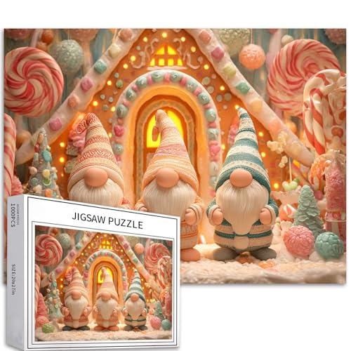 Puzzle mit drei fröhlichen Weihnachtswichteln, 1000 Teile für Erwachsene, Süßigkeitenhaus-Party, Kunst-Puzzle, herausfordernde Familienaktivitäten, buntes Bastelpuzzle für Heimdekoration, Geschenke von Generic