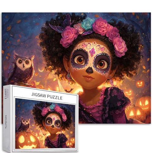 Puzzle mit lockigem Haar, Cartoon-Mädchen, 1000 Teile für Erwachsene, Halloween, Totenkopfmaske, Kunst-Puzzle, buntes DIY-Puzzle, für Heimdekoration, Geschenke, Familienpuzzle, perfekt für von Generic