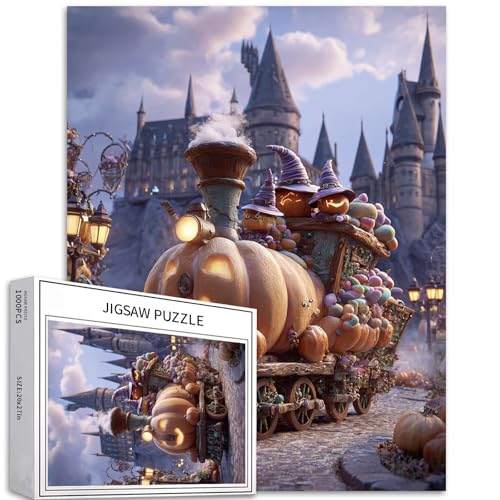 Puzzle mit magischem Kürbiszug, 1000 Teile, für Erwachsene, Halloween-Atmosphäre, Kunst-Puzzle, bunt, DIY-Puzzle, Heimdekoration, Geschenke, Familienpuzzle, perfekt für Spieleabende, 50 x 70 cm von Generic