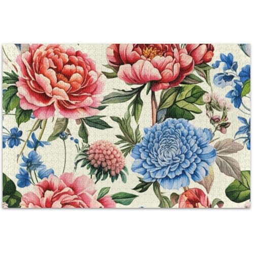 Puzzle mit rosafarbenen und blauen Blumen, 500 Teile, für Erwachsene, Spielpuzzle, Geschenke, einzigartiges Puzzle, Tierkunst-Dekor, 50 x 37 cm von Generic