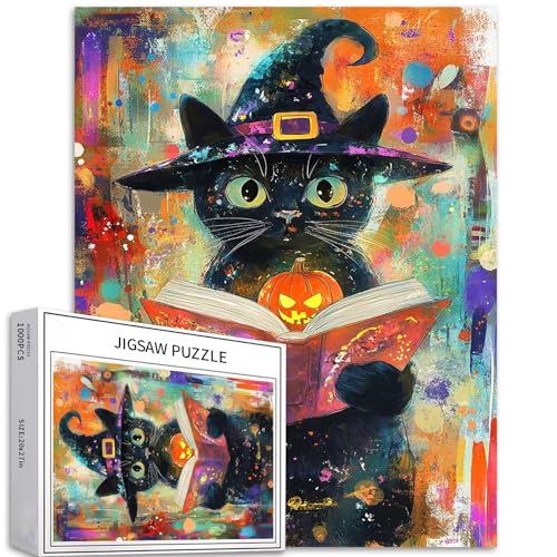Puzzle mit schwarzem Katzen-Zauberer-Bild, 1000 Teile für Erwachsene, Halloween-Szene, Kunst-Puzzle, buntes DIY-Puzzle, für Heimdekoration, Geschenke, Familienpuzzle, perfekt für Spielabende, 50 x 70 von Generic