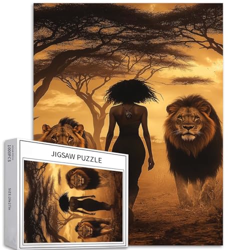 Puzzle mit schwarzer Frau und Löwe, 1000 Teile für Erwachsene, Graslandhintergrund, Kunst-Puzzle, herausfordernde Familienaktivitäten, buntes Bastelpuzzle für Heimdekoration, Geschenke, 50 x 70 cm Puzzle mit schwarzer Frau und Löwe, 1000 Teile für Erwachsene, Graslandhintergrund, Kunst-Puzzle, herausfordernde Familienaktivitäten, buntes Bastelpuzzle für Heimdekoration, Geschenke, 50 x 70 cm von Generic