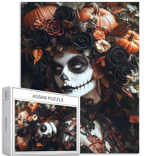 Puzzle mit schwarzer Rose und weißem Gesicht, Hexe, 1000 Teile für Erwachsene, Halloween-Stil, Kunst-Puzzle, herausfordernde Familienaktivitäten, buntes DIY-Bastelpuzzle für Heimdekoration, Geschenke von Generic