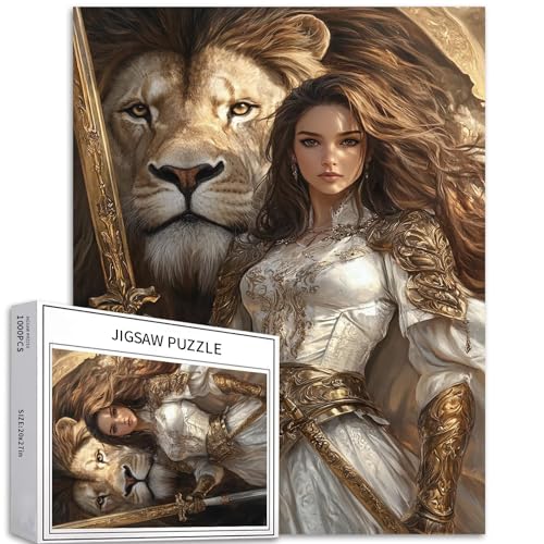 Puzzle mit weißem Rock, Kriegerin und riesiger Löwe, 1000-teiliges Puzzle für Erwachsene, Goldene Rüstung, Kunst-Puzzle, herausfordernde Familienaktivitäten, buntes DIY-Bastelpuzzle für Heimdekoration von Generic