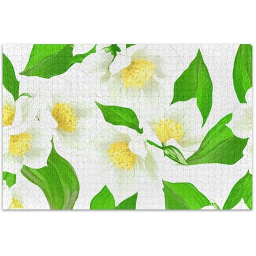 Puzzle mit weißen Jasminblüten, grünen Blättern, für Erwachsene, 500 Teile, Blumen-Tiermalerei, individuelles Spaß-Puzzle, lustiges Puzzle-Spiel, Geschenke, 50,5 x 37,8 cm von Generic